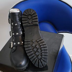 Black Buckled Studded Combat Boots by Guess